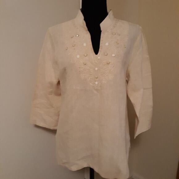 JM Collection 100% Linen Shirt Beaded Embroidered Bodice 3/4 Sleeve Size 12P LN - Picture 1 of 7